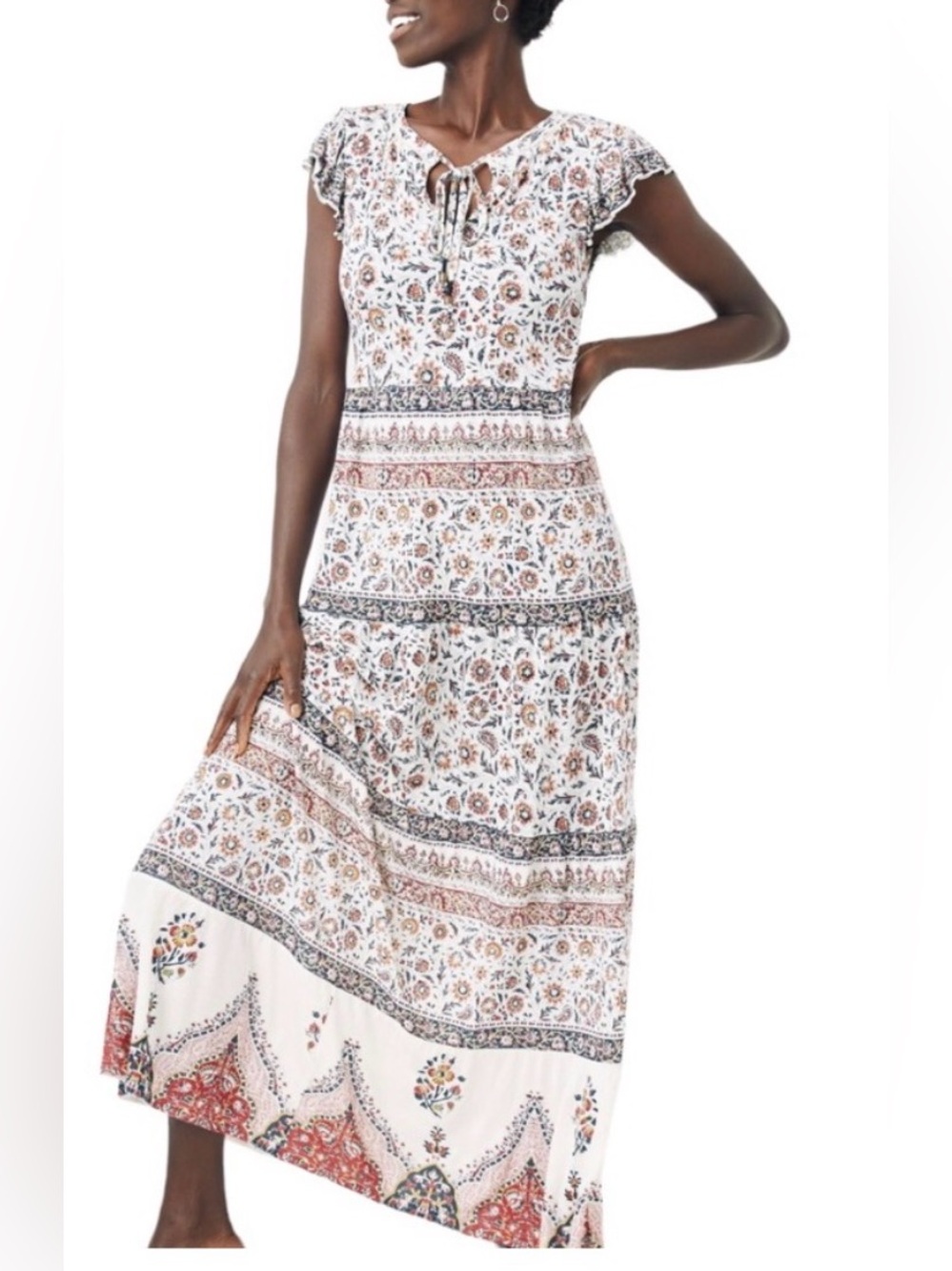 Bohemian White Floral Tie-Neck Maxi Dress